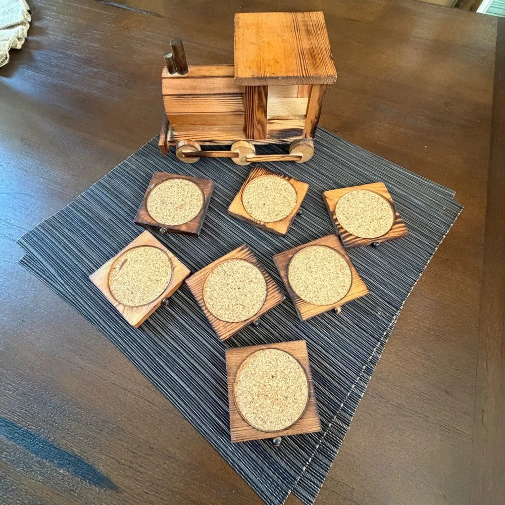 Vintage Wooden Train Locomotive Coaster Set Rustic Caddy 7 Piece